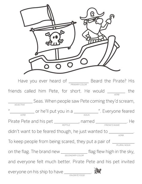 Have fun with this Fill in the blank story pdf. Print it out, fill in the words, and color in the picture. Pirate Activities, Mad Libs, Pirate Day, Fill In The Blank, Picture Story, Writing Worksheets, Pirate Theme, Pirate Ship, Homeschool Resources