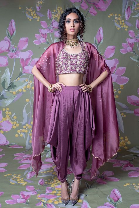 Shop for these amazing collections of Purple Silk Chanderi Embroidered U Sitara Dhoti Pant Set With Blouse For Women by Show Shaa online at Aza Fashions. Dhoti Sets For Women, Dhoti Pants Outfit Wedding, Dhoti Pants Women, Indian Wedding Outfits Guest For Women, Indian Wedding Outfits Guest, Anarkali Skirt, Asymmetric Cape, Ethnic Clothes, Haldi Outfits