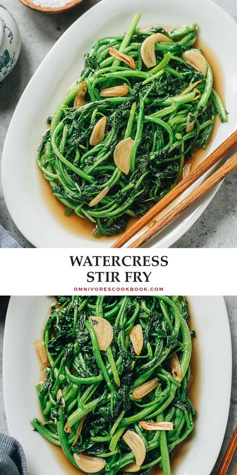 Watercress stir fry is a quick and easy side dish that is rich in flavor and full of nutrients. Take 10 minutes to make this dish and complete your dinner! {Vegetarian Adaptable, Gluten-Free Adaptable} Recipes With Watercress, Watercress Recipes Salad, Chinese Water Spinach Recipe, Watercress Recipes Soups, Chinese Watercress Recipes, Stir Fry With Snow Peas, Asian Salads, Watercress Recipes, Stir Fry Recipes Healthy