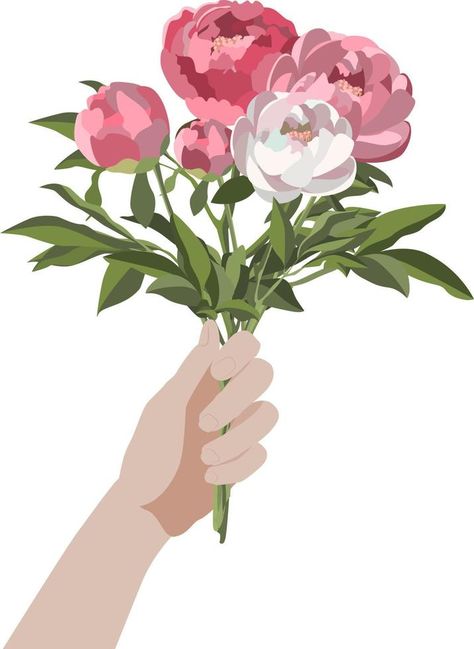 Side view hand holding a bunch of peonies, isolated on white background Pretty Flower Drawing, Flower Bouquet Drawing, Hands Holding Flowers, Peony Drawing, Picking Flowers, Hand Flowers, Holding Flowers, Bouquet Design, Bunch Of Flowers