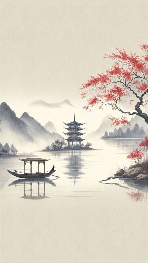 Asia Wallpaper Aesthetic, Traditional Chinese Art Wallpaper, Simple Scenery Drawing, Chinese Scenery, Chinese Watercolor, Chinese Picture, Zen Painting, Traditional Chinese Art, Japanese Tree