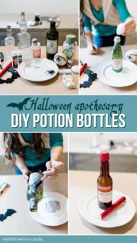 Create your own spooky Halloween apothecary with these simple DIY poison bottles. Collect fun jars, add a label, and put them on display! See the easy ways to serve your poison at Parties With A Cause. #halloweendecor #poisonbottle #apothecaryjars Diy Spooky Bottles, Diy Poison Bottles, Halloween Laboratory, Diy Potion Bottles, Diy Apothecary Jars, Diy Halloween Apothecary Jars, Seasons Decorations, Apothecary Halloween, Apothecary Diy