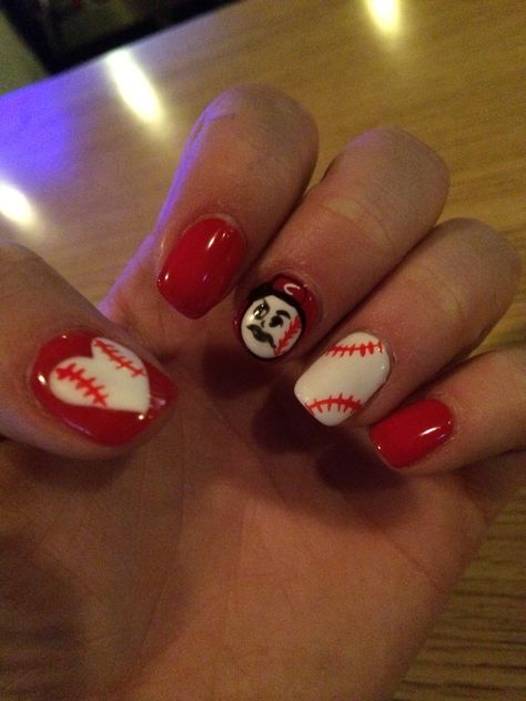 Cincinnati Reds nails Cincinnati Reds Nails, Baseball Nails, Cincinnati Reds Baseball, Red Nail Art, Red Nail Designs, Reds Baseball, Dream Nails, Us Nails, Nails Designs