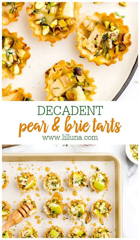 Decadent Brie and Pear Tarts are elegant, delicious, and ready in under 20 minutes! Dazzle your guests with these refined hor d'oeuvres. #brieandpeartarts #brie #peartart #tart #appetizers Brie And Pear, Pear And Brie, Pear Tarts, Honey Brie, Pear Tart Recipe, Mini Tart Shells, Brie Puff Pastry, Easter Party Food, Thanksgiving Brunch