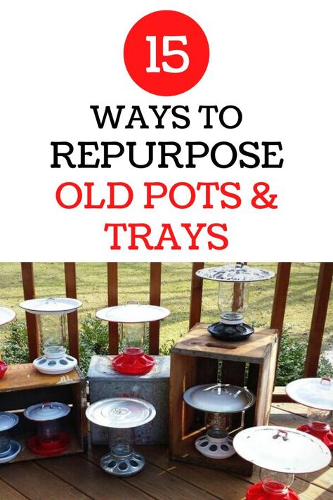 Put your old pots and pans to work with these recycling home decor ideas. Before you throw away your old kitchenware check out these cheap home decor ideas that are easy and budget friendly for some high end home decor items. #diy #homedecor #repurposed Repurposed Diy Ideas, Old Pots And Pans, High End Home Decor, Make A Bird Feeder, Planter Centerpiece, Old Pots, Chalkboard Vinyl, Pots Ideas, Cheap Home Decor Ideas