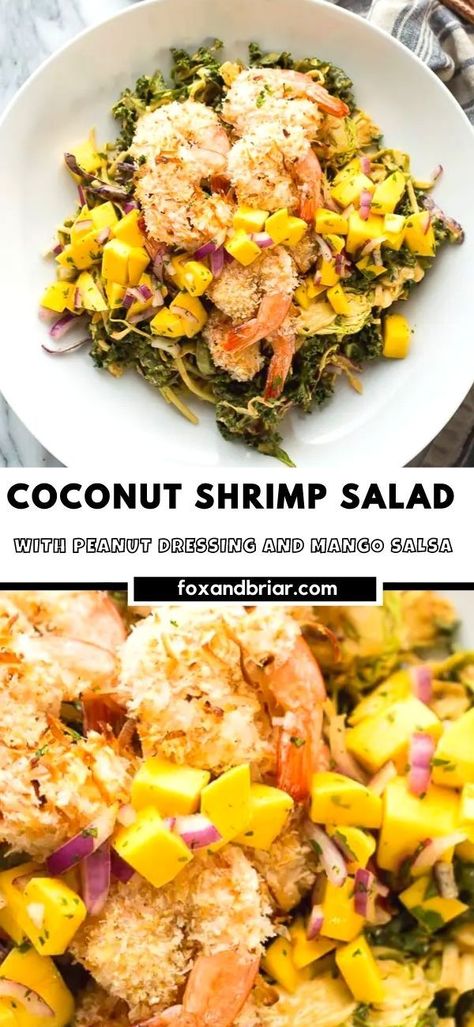 This delicious and tropical Coconut Shrimp Salad is topped with a fresh mango salsa and the most addictive peanut sauce dressing ever! Coconut Shrimp Salad, Peanut Sauce Dressing, Salad With Peanut Sauce, Salad With Peanut Dressing, Fresh Mango Salsa, Best Lunch Recipes, Classic Caesar Salad, Delicious Seafood Recipes, Peanut Dressing