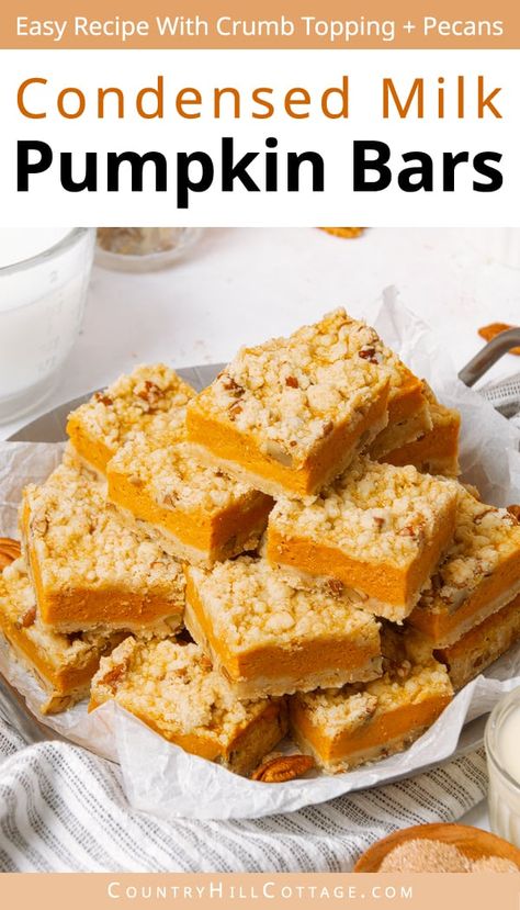 Bars With Sweetened Condensed Milk, Condensed Milk Recipes Desserts, Milk Recipes Dessert, Pumpkin Pie Bars Recipe, Canned Pumpkin Recipes, Sweetened Condensed Milk Recipes, Pecan Shortbread, Easy Pumpkin Dessert, Pie Bar Recipes