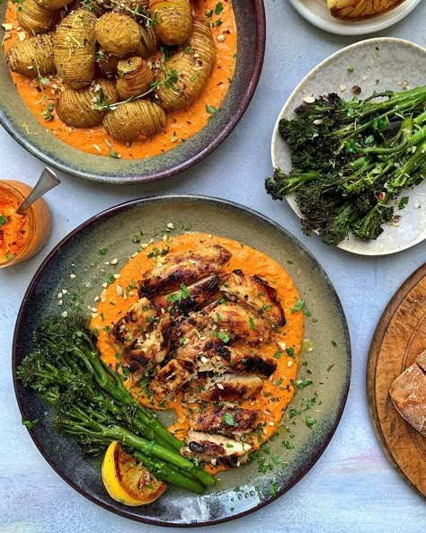 Lemony Chicken Thighs With Hazelnut Romesco | Foodtalk Romesco Chicken, Lemony Chicken, Marinated Chicken Thighs, Tenderstem Broccoli, Romesco Sauce, Savory Dishes, Winner Winner, Roasted Peppers, Easy Weeknight Dinners