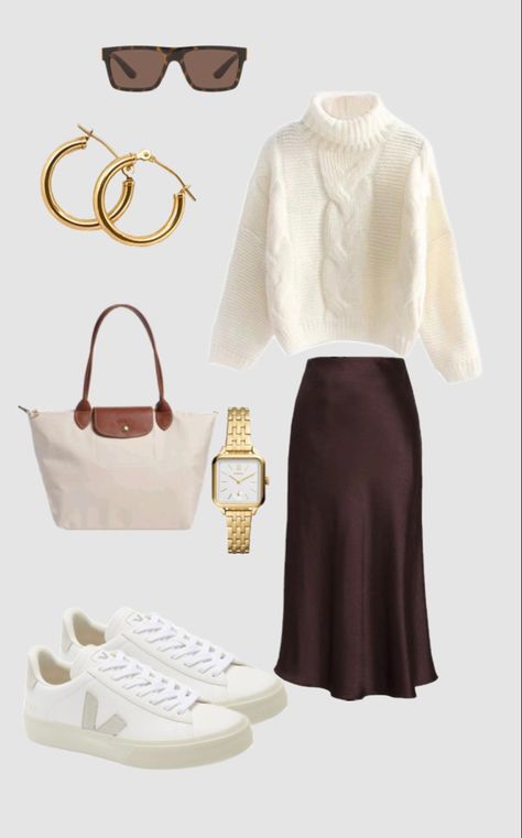 Elevate your autumn style with these stunning business casual outfit ideas. Wear a cozy knit and satin skirt to discover the perfect looks for a stylish season! #fallfashion #businesscasualoutfits #outfits #inspiration #falloutfit #fashion #aesthetic Style Satin Skirt, Knit Skirt Outfit, Fall Business Casual Outfits, Business Casual Skirt, Skirt Ootd, Outfit Beige, A Line Midi Skirt, Modest Casual Outfits, Silk Clothing