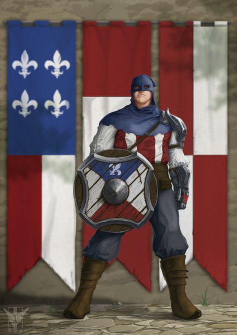 Inspiration for Cap garb. Captain America Redesign Art, Medieval Captain America, Dnd Captain America, Captain America Redesign, Marvel Gladiator, Medieval America, Superhero Team, Comic Book Superheroes, Marvel Artwork