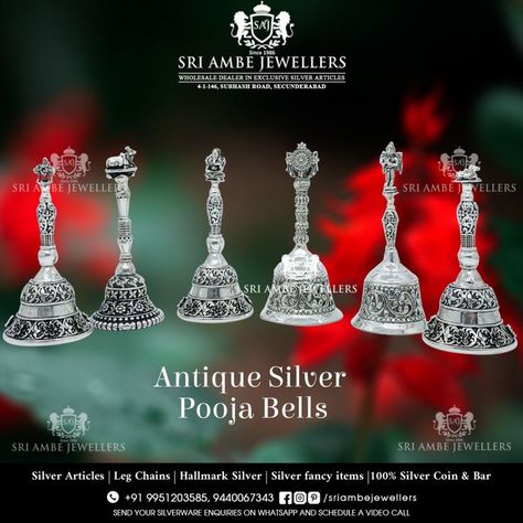 Antique Silver Pooja Bells Sri ambe jewellers Antique Silver Pooja Items, Bunny Wall Decor, Silver Jug, Emerald Stone Rings, Gold Earrings For Men, Silver Furniture, Pooja Items, Silver Pooja Items, Leg Chain