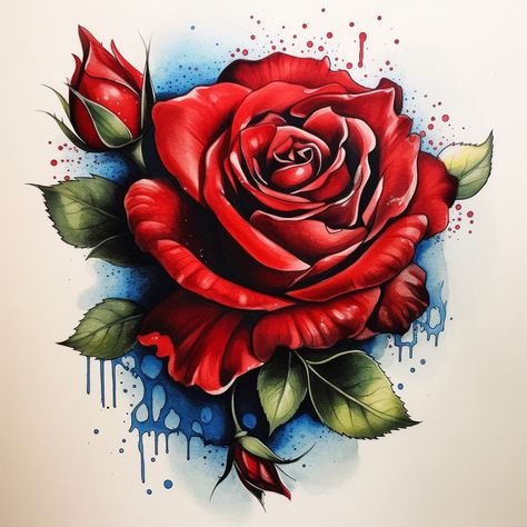 Neo Traditional Roses, Ink Tattoo Design, Indian Feather Tattoos, Red Tattoo Ideas, Red Ink Tattoo, Realistic Rose Tattoo, Rose Drawing Tattoo, Rose Tattoos For Men, Blue Rose Tattoos