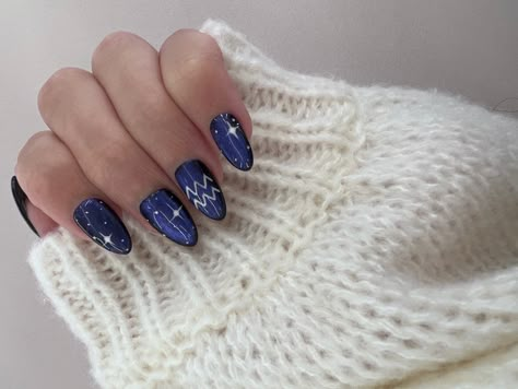 Zodiac Nails Aquarius, Birthday Nails Aquarius, Aquarius Nails Acrylic, Aquarius Nail Art, Acrylic Almond Shaped Nails, Aquarius Nails Designs, Nails Aquarius, Aquarius Birthday Nails, Aquarius Nails