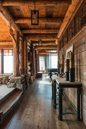 Rustic Mountain Home-Pearson Design Group-19-1 Kindesign Rustic Foyer, Rustic Hallway, Log Cabin Ideas, Hallway Designs, Cabin Living, Log Cabin Homes, Cabins And Cottages, A Log, Cabin Life