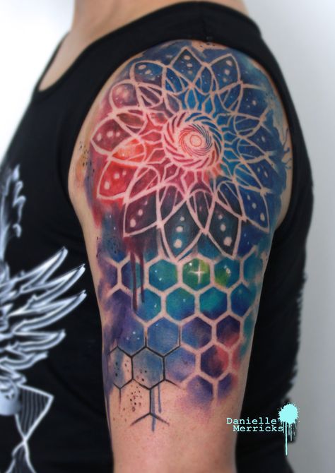 My first tattoo - a cosmic themed watercolour with a mandala and hexagon patterns using negative space Space Mandala Tattoo, Honeycomb Tattoo Geometric, Negative Space Mandala, Tattoo Negative Space, Collage Tattoo, Hexagon Tattoo, Honeycomb Tattoo, Cosmic Tattoo, Mandala Tattoo Sleeve