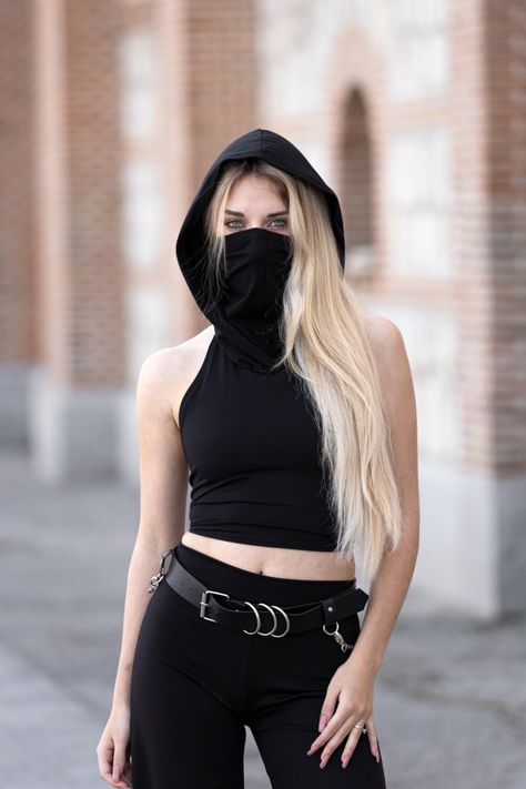 Face mask hooded crop top. Ninja hooded top. Festival dust mask hooded top. Rave clothing. Tie Backless hooded top. Festival clothing Hooded Crop Top, Rave Clothing, Black Hood, Best Pose For Photoshoot, Work Clothing, Festival Clothing, Hooded Top, Dust Mask, Feb 2