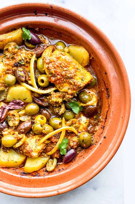 Fish Tagine with Chermoula Sauce - Feast with Safiya Moroccan Fish Tajine, Fish Tagine Moroccan, Fish Tagine Recipes, Tajin Recipes Morocco, Moroccan Lunch, Moroccan Fish Recipe, Moroccan Tagine Recipes, Moroccan Tajine, Fish Tagine