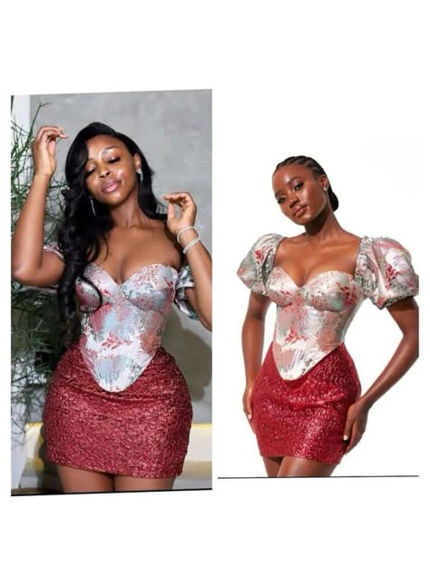 Skirt And Top Asoebi Styles, Short Dress Asoebi Styles, Aso Ebi Top And Skirt, Brocade Corset Dress Styles African, Cossette Dress Ankara, Brocade Tops Classy, Short Brocade Dress Styles, Two Piece Dinner Outfits, Ankara Corset Top And Skirt