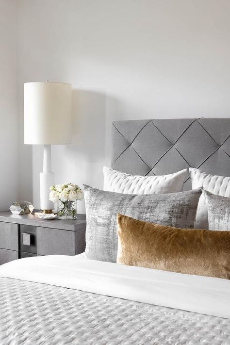 Grey Headboard White Bedding, Charcoal Headboard Bedroom Ideas, Charcoal Headboard Bedroom, Grey Bed Ideas, Charcoal Headboard, Gray Tufted Headboard, Gray Fabric Headboard, White And Gold Nightstand, Gray Bedding