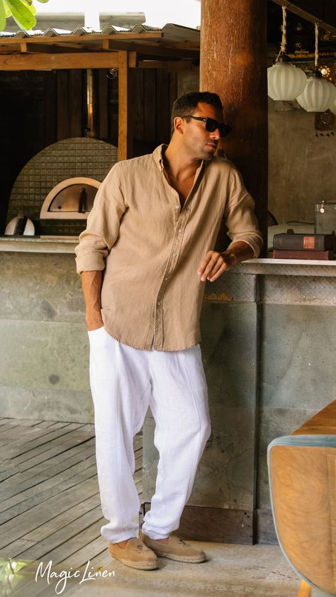 Men Resort Outfit, What To Wear On A Cruise Men, Greek Men Fashion, Florida Men Outfits, Mediterranean Outfit Men, Men’s Linen Shirt, Wine Tasting Outfit Men, Linen Button Down Men, Mens Linen Shirt Outfit