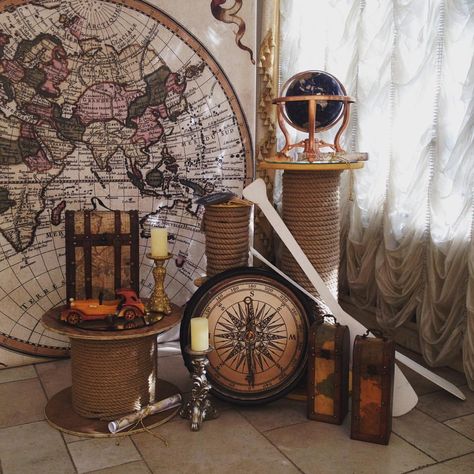 Travel Themed Decor, Around The World Party Decorations, Vintage Theme Party, Travel Centerpieces, Travel Party Decorations, Travel Display, Vintage Party Decorations, Around The World Theme, Travel Party Theme