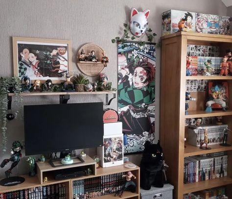 Weeb Living Room, Anime Themed Living Room, Geek Room Aesthetic, Anime Living Room Decor, Manga Bookshelf Ideas, Weeb Room Ideas, Demon Slayer Room Decor, Demon Slayer Room, Demon Slayer Book