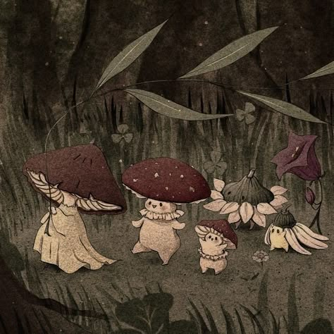 Gremlin Core Pfp, Cottage Core Computer Background, Dark Mushroom Aesthetic Wallpaper, Dark Cottagecore Drawing, Mirandacore Aesthetics, Dark Cottagecore Pfp, Cute Mushroom Iphone Wallpaper, Forestcore Drawing, Painting Ideas Fairycore