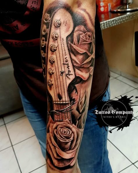 Guitar with Roses #tattoo #guitartattoo Guitar With Roses, Music Tattoos Men, Tattoo Guitar, Rip Tattoos For Dad, Daniel Tattoo, Guitar Tattoo Design, Music Tattoo Sleeves, Rip Tattoo