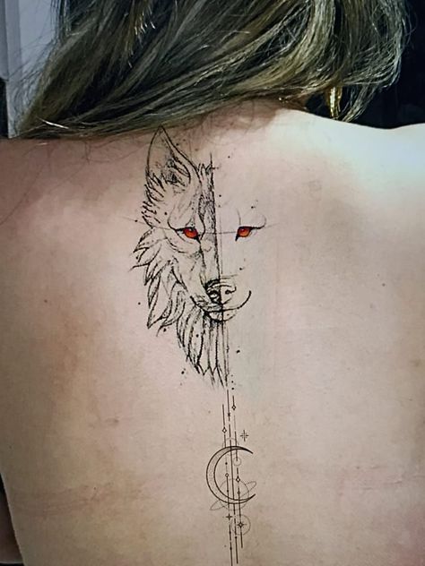 Tattoo Ideas Female Wolf, Matching Tattoos For Couples, Beautiful Spine Tattoos, Couple Tattoo Ideas, Geometric Wolf Tattoo, Tattoos 2024, Wildlife Tattoo, Tattoos For Couples, Spine Tattoo Ideas