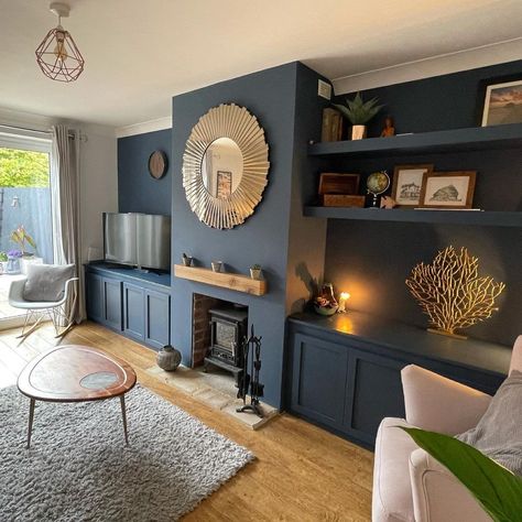 Alcove Ideas Living Room, Log Burner Living Room, Living Room Redesign, Coral Sculpture, Paddling Pool, Snug Room, Living Room Transformation, New House Living Room, Blue Living Room Decor