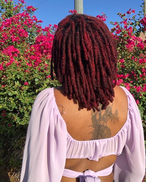 Burgundy Hair Locs, Burgandy Locs On Black Women, Loc Dye Ideas Dark Skin, Dyed Locs Dark Skin, Red Dyed Locs, Dye Locks, Dyed Loc Tips, Maroon Locs, Cherry Red Locs