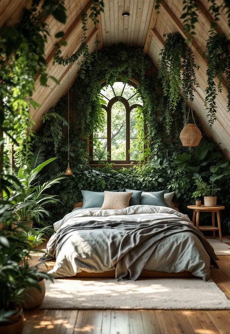 Enchanted Bedroom Ideas Fairy Themed Room Forest Bedroom, Forest Aesthetic Room Decor, Forest Themed Bedroom Decor, Secret Garden Aesthetic Bedroom, Enchanted Forest Bedroom Fairy Room, Woodsy Room Ideas, Diy Forest Bedroom, Rainforest Theme Bedroom, Forest Home Interior