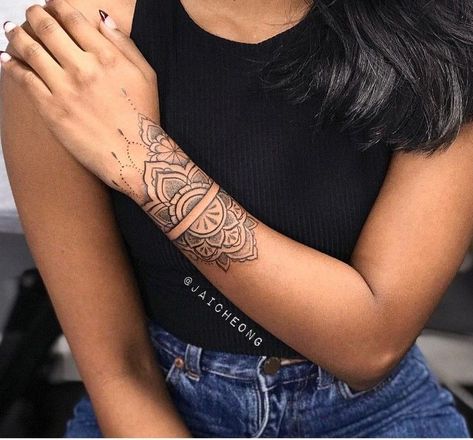 Hand Cuff Tattoo, Wrist Cuff Tattoo, Forearm Mandala Tattoo, Moutain Tattoos, Mandala Arm Tattoos, Mandala Tattoos For Women, Mandala Wrist Tattoo, Cuff Tattoo, Henna Inspired Tattoos