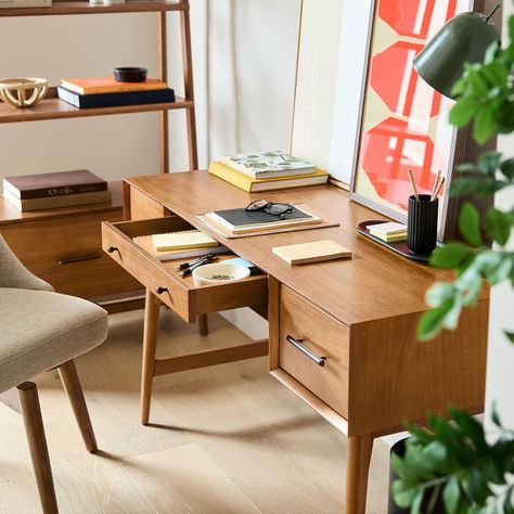 Mid-Century Desk (52") West Elm Desk, Mid Century Office, Mid Century Modern Desk, Modern Desks, Mid Century Modern Bedroom, Mid Century Desk, Home Office Furniture Desk, Room Planning, Wood Drawers