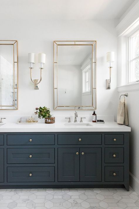 Stringham Project - Studio McGee Guys Bathroom, Joanna Gaines Bathroom, Blue Bathrooms Designs, Hale Navy, House Remodeling, Dollar Store Hacks, Bedroom Renovation, Tiny Bathrooms, Gorgeous Bathroom