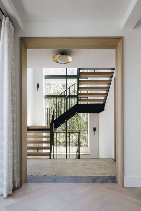 Modern Brick House, Black Staircase, Moody Modern, Kate Marker Interiors, Stair Railing Design, Floating Staircase, White Oak Floors, Staircase Railings, Modern Stairs