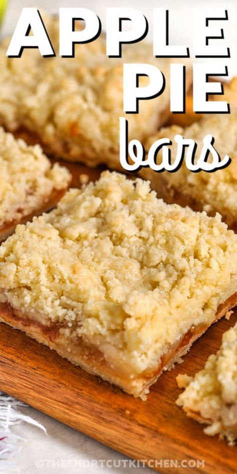 Apple Pie Bars on a wooden board with a title The Best Monster Cookie Recipe, Premade Pie Crust, Monster Cookies Recipe, Yummy Cheesecake, Apple Pie Bars, Thanksgiving Desserts Easy, Easy Apple Pie, Buttery Shortbread, Apple Pie Filling