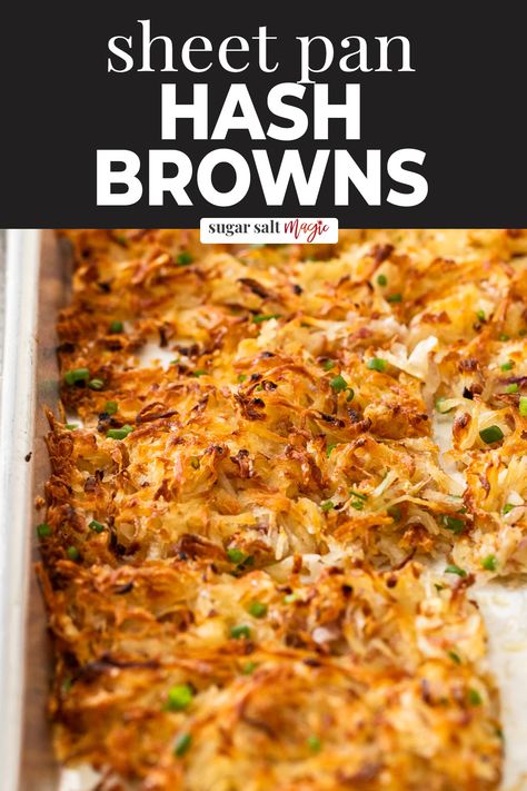 These homemade sheet pan hash browns, made from scratch, are perfectly crisp on the outside and tender in the middle. They’re loaded with flavour from cheese and onion too. Sheet Pan Hashbrowns, Baked Hashbrowns, Homemade Hashbrowns, Simply Potatoes, Cheesy Hashbrowns, Crispy Hashbrowns, Frozen Potatoes, Fresh Potato, Shredded Potatoes