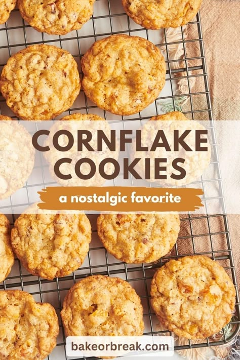 Crispy cornflake cereal gives these cornflake cookies their name—and their signature crunch!—but you’ll also love the chopped nuts, sweet dried apricots, and fantastic chewy texture. Cornflake Cookies Recipe, Cookies Crumbl, Baked Goods To Sell, Toasted Corn, Copycat Cookies, Cookies With Icing, Cornflake Cookies, Homemade Oreos, Peanut Butter Caramel