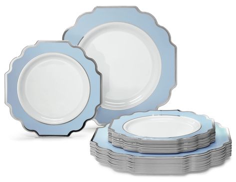 PRICES MAY VARY. 50 Plates pack Includes: 25 x 10.5'' Dinner Plate + 25 x 8'' Appetizer/Dessert plates Premium Disposable Vintage Plastic Plates. Looks like real China. Add a touch of elegance and to your next party or dinner. Where you want an elegant and fancy look with the convenience of disposable. Ideal for holidays, large gatherings, weddings and special events. Bridal showers, engagement parties, anniversaries, bachelorette parties, baby showers, birthday's, graduation galas, family reuni Sparkly Table Cloth, Gold Plastic Plates, White Plastic Plates, Disposable Plastic Plates, Plastic Silverware, Plastic Dinnerware, Shower Inspiration, Salad Dessert, Disposable Plates