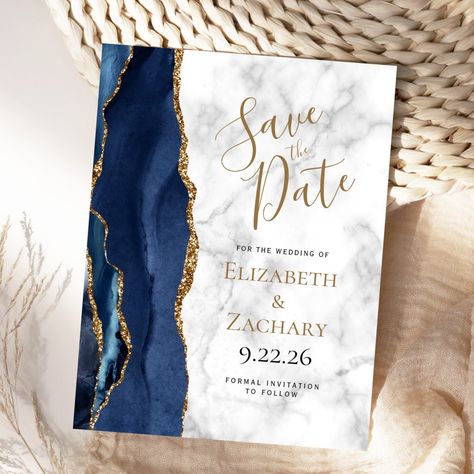 This elegant modern save the date postcard features a navy blue watercolor agate border trimmed with faux gold glitter. The gold colored and black customizable text appears on a gray and white marble background. The reverse side repeats the information, along with a customizable return address. Navy Blue Watercolor, Electronic Save The Date, White Marble Background, Elegant Modern Wedding, Save The Date Wording, Unique Save The Dates, Modern Save The Dates, Save The Date Postcard, Wedding Colors Blue