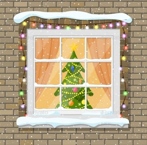 Knitting Cartoon, Happy New Year Decoration, Brick Wall Living Room, Christmas Lights Background, Christmas Tree And Fireplace, Window Illustration, Window Drawing, Twas The Night Before Christmas, Illustration Flat