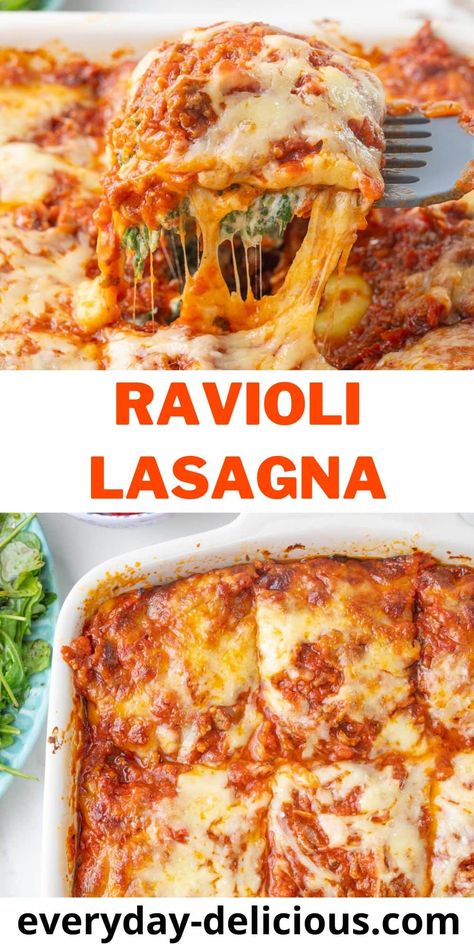 Ravioli lasagna in a delicious ravioli casserole that is crowd-pleasing and easy to make. You just need to layer store-bought ravioli with meat tomato sauce, spinach ricotta layer, and cheese and you'll have a delicious dinner for a couple of days! Meat Tomato Sauce, Lasagna Bites, Dinner Soup Recipes, Ravioli Casserole, Spinach Ravioli, Marinara Sauce Recipe, Ravioli Lasagna, Ravioli Recipe, Spinach Ricotta