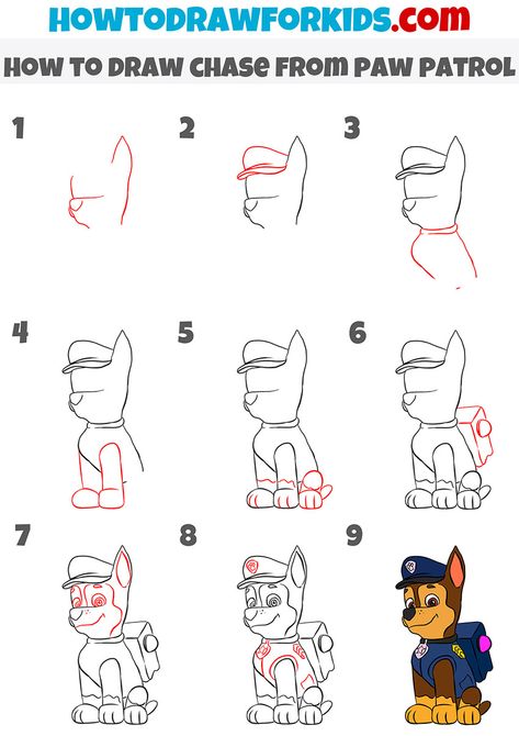 Drawings Ideas For Kids, Chase From Paw Patrol, Good Drawings, Characters To Draw, Paw Drawing, Easy Disney Drawings, Paw Patrol Characters, Easy Drawing Steps