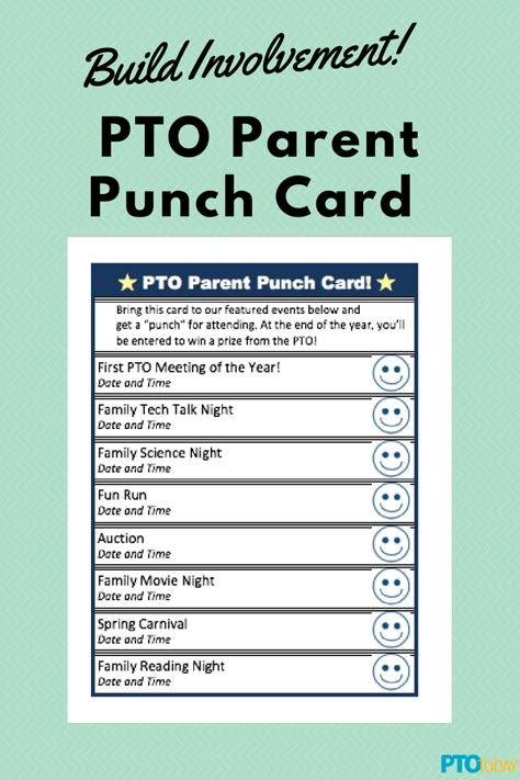 Use these free punch cards to promote parent involvement! High School Parent Involvement, Pta Parent Involvement, Meet Your Pta Board, Parent Club Ideas, Parent Advisory Committee Ideas, Ptfa Ideas Fundraising Schools, Pta Sign Up Table, Pta Meeting Ideas, Parent Engagement Ideas Schools