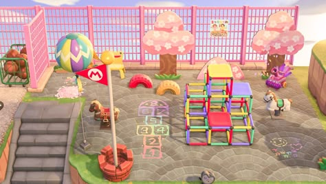 Nooks Cranny Ideas Acnh Kidcore, Animal Crossing Playground Ideas, Acnh Playground Idea, Animal Crossing Playground, Acnh Amusement Park Ideas, Kidcore Playground, Acnh Boho, Anch Kidcore, Acnh Playground