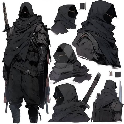 Hooded Warrior Male, Hooded Character Reference, Concept Art Clothing, Hooded Figure Character Design, Ninja Clothes Reference, Royal Assassin Aesthetic, Cloak Outfit Drawing, Assassin Mask Design, Techwear Character Design Male