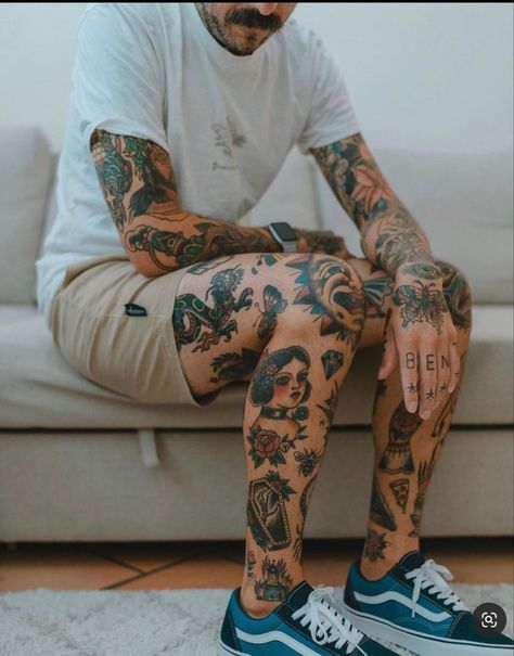 Men’s Traditional Leg Tattoo, Old School Tattoo Leg Sleeve, Neo Old School Tattoo, Traditional Leg Sleeve Tattoo Men, Traditional Sleeve Tattoo Men, Traditional Tattoo Ideas For Men, Leg Traditional Tattoo, Traditional Leg Tattoo Men, Old School Tattoo Leg