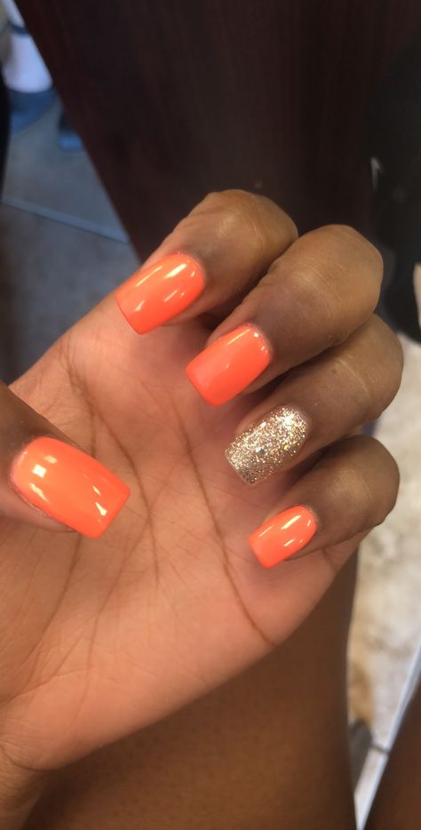 Nail Ideas For Orange Dress, Prom Nails For Orange Dress, Fall Nail Designs Acrylic Square, Orange And Glitter Acrylic Nails, Orange Nails With Glitter, Nails For Orange Dress, Neon Orange And Gold Nails, Orange Gold Nails, Gold And Orange Nails