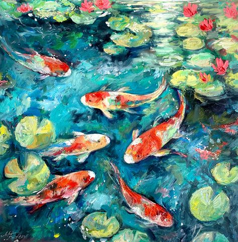 Koi Fish Painting, Water Lilies Pond With Koi Fish Oil Painting, Impasto Oil Painting, Koi Fish Art Koi Fish Oil Painting, Painting For Grandparents, Koi Fish Pond Painting, Pond With Koi Fish, Koi Pond Painting, Water Lilies Pond, Fish Oil Painting, Painting Water Lilies, Koi Fish Art